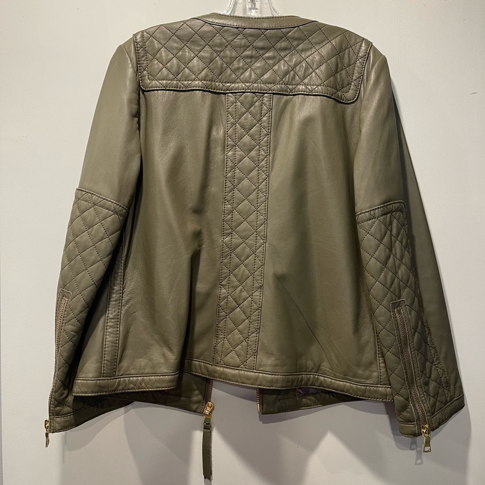 Tory Burch XL Leather Jacket Quilted Taupe/Gray Moto Style EUC - Picture 6 of 12